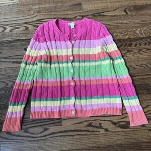 Pink green yellow striped cable knit Appleseed's vintage cardigan
